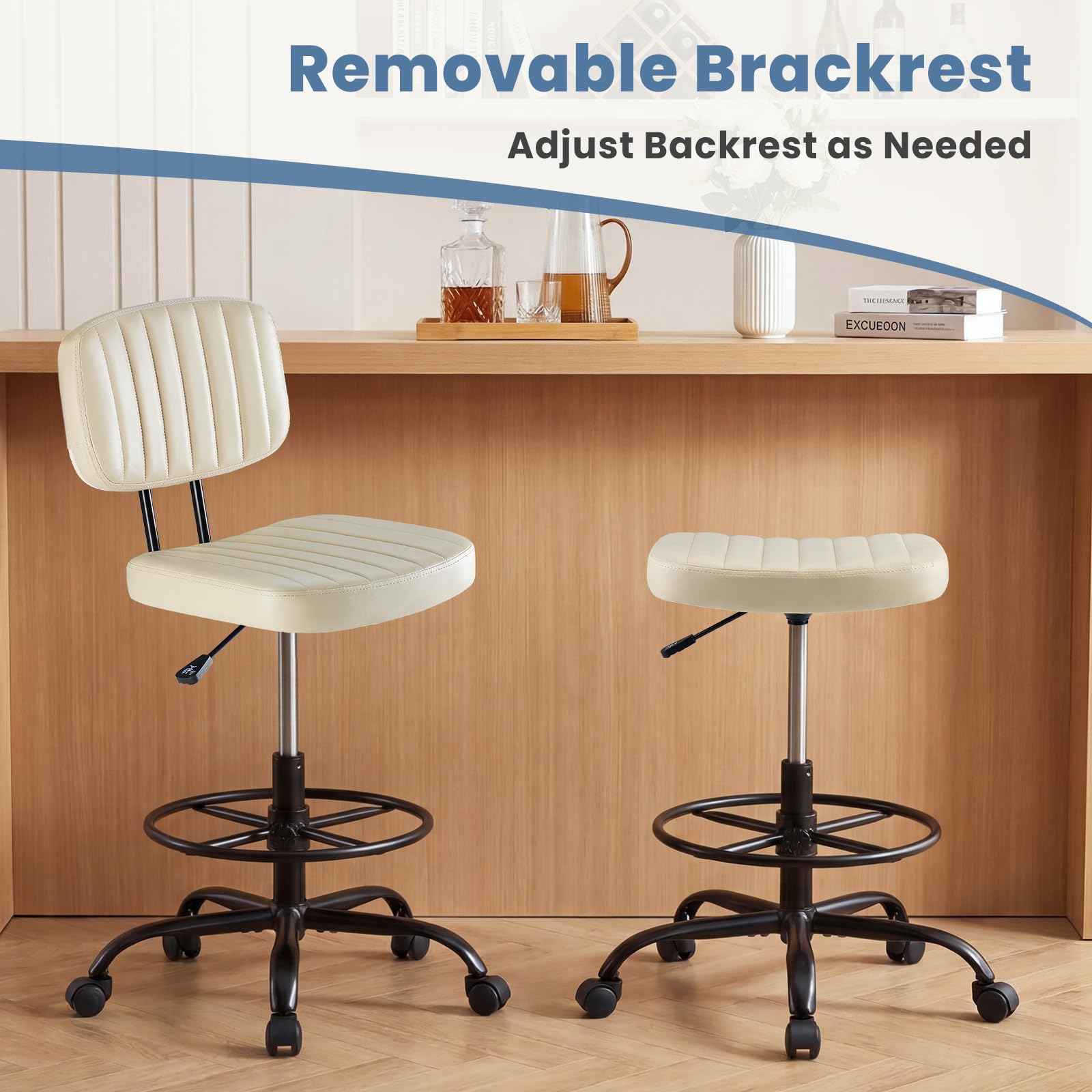 Armless Drafting Chair, Low Back Office Seat with Adjustable Footrest Ring for Standing Desk, Ergonomic PU Leather Office Seating, Swivel Rolling High Stool for Studio, Lab, Counter, Beige