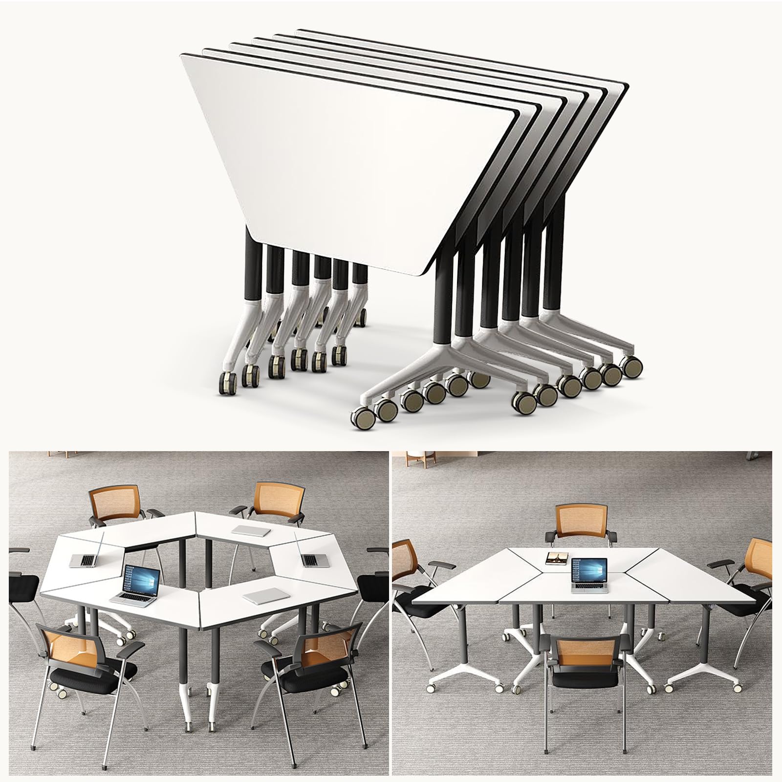 6 Pack Folding Conference Table On Wheels, 4FT Office Conference Room Tables Modular Meeting Table Trapezoid Conference Training Table for Office Classroom Meeting (6PACK)
