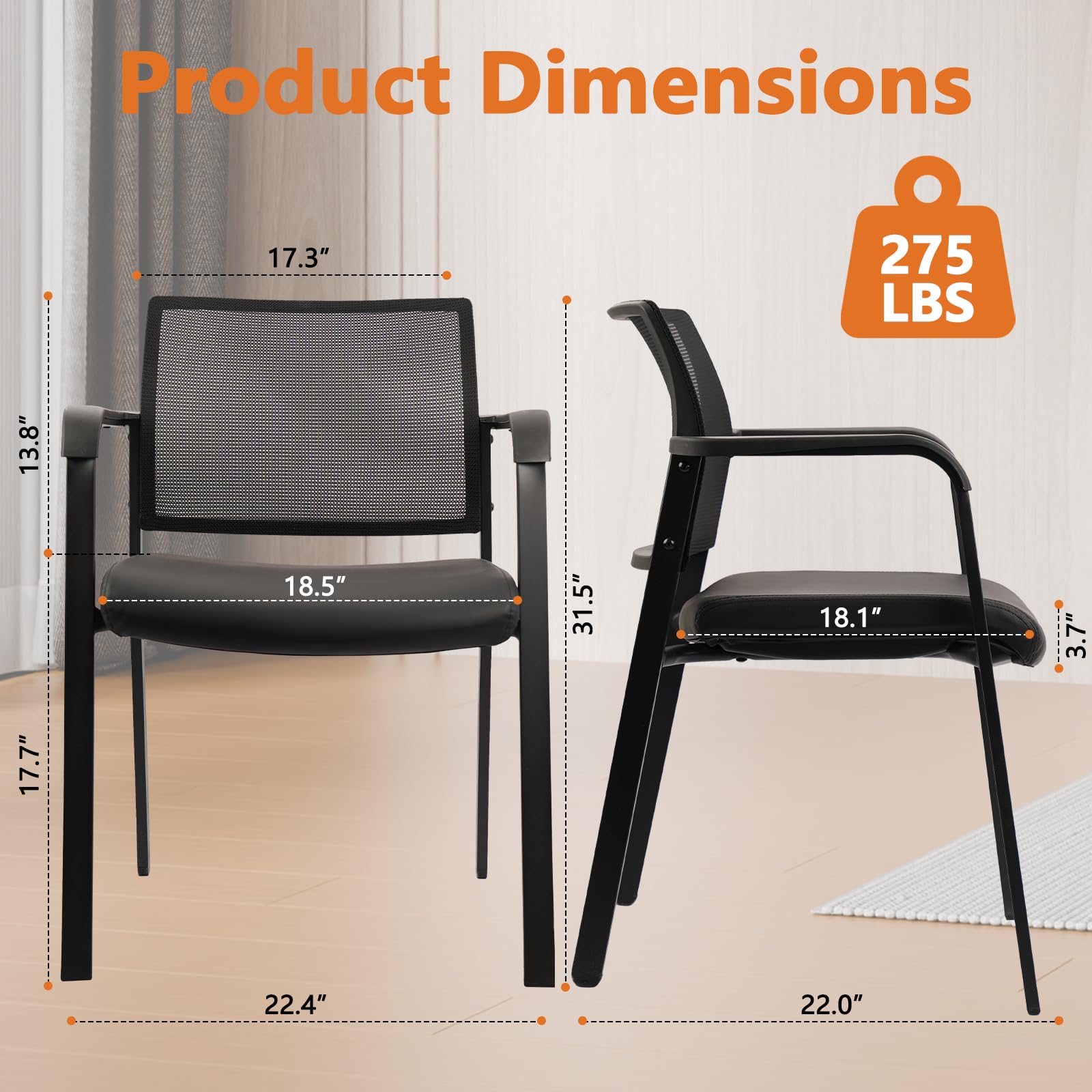 Stackable Office Chair, Mesh Back Guest Chairs with Comfortable Leather Seat Arms Stacking Ergonomic Desk Chair No Wheels for Conference Waiting Reception School Side Stationary, Black