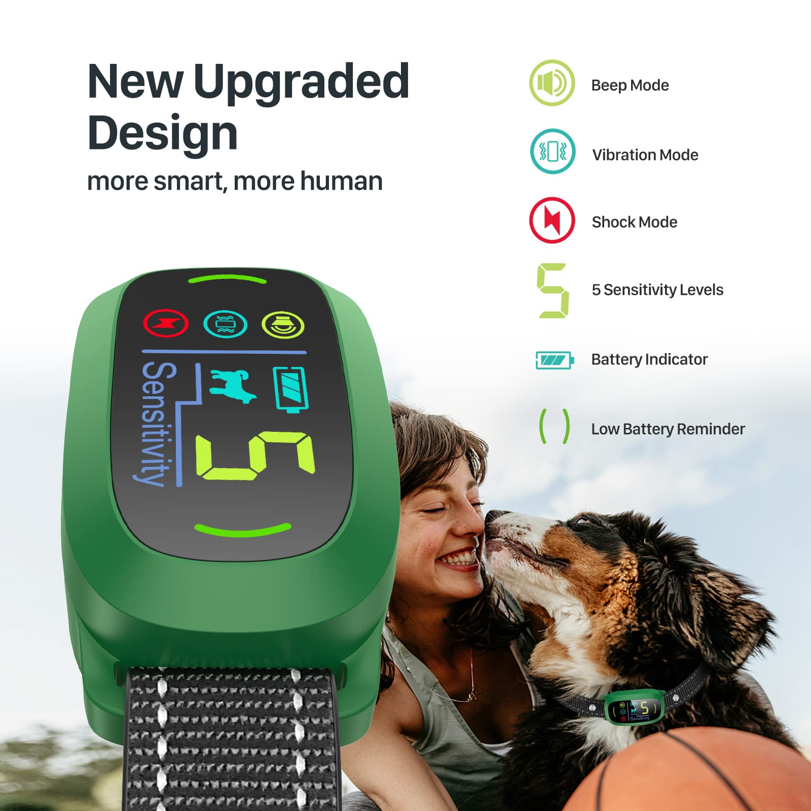 Bark Collar, Rechargeable Dog Bark Collar with 5 Adjustable Sensitivity and Intensity Beep Vibration, Anti Barking Collar for Small Medium Large Breed Dogs (Green)
