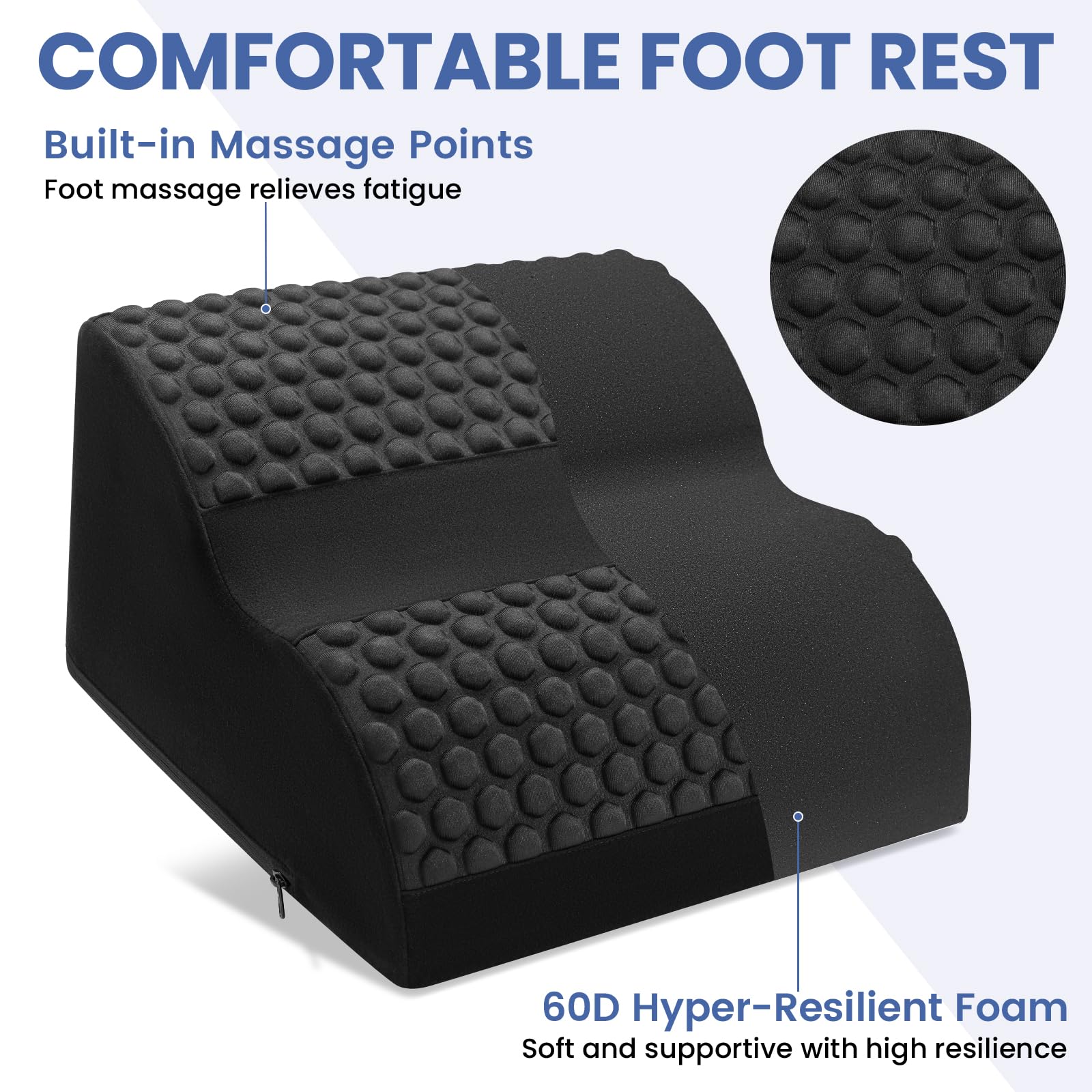 Foot Rest for Under Desk at Work, 3-Tier Foot Stool with Thick High-Density Foam and Massage Dots, Ergonomic Footrest with Washable Cover for Home and Office, Back, Legs & Hip Pain Relief (Black)