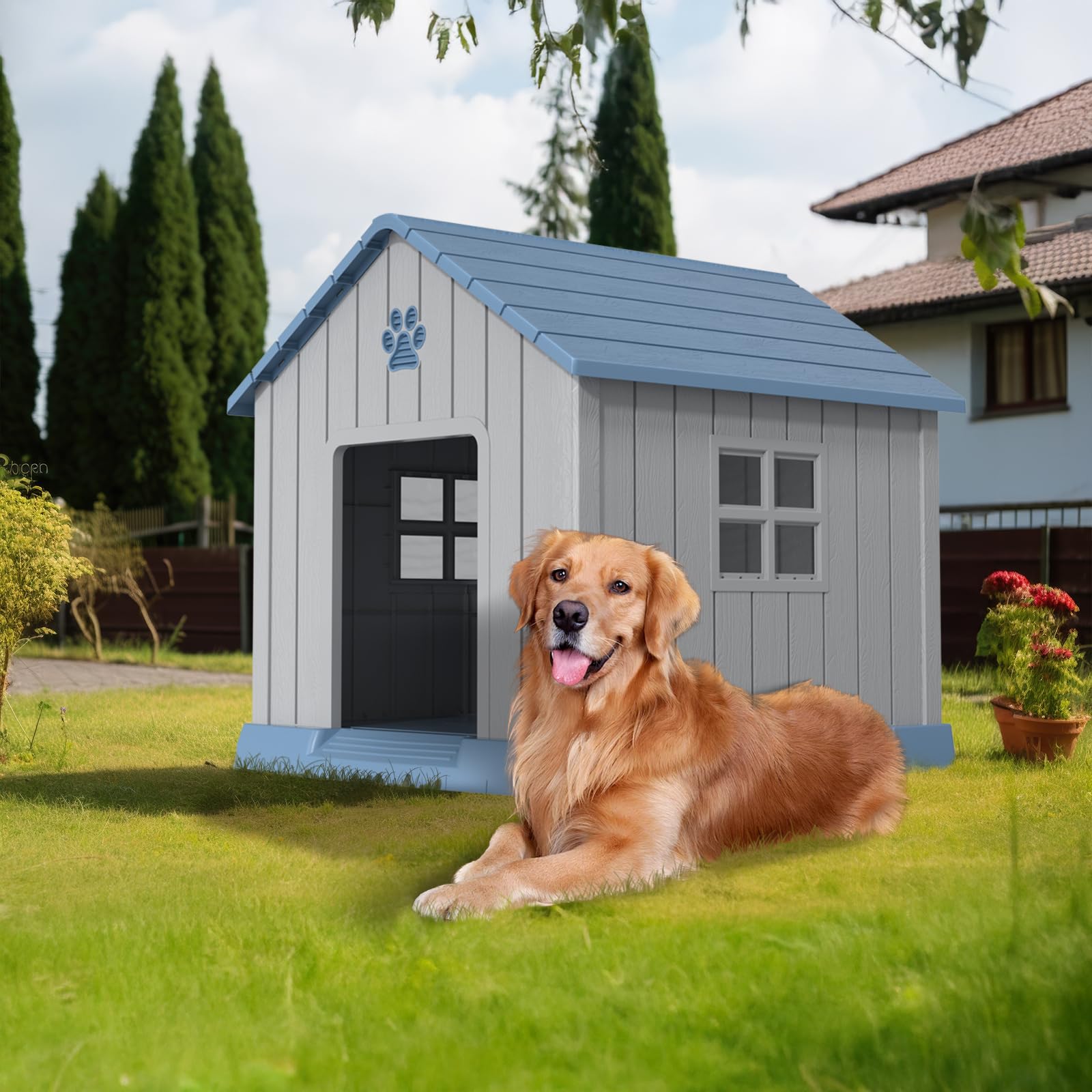 Dog House Indoor Outdoor for Small to Large Sized Dogs Indoor Outdoor Doghouse Puppy Shelter with Elevated Floor, Easy to Assemble (Blue, 31Inch(31.18 * 33.7 * 32.52))