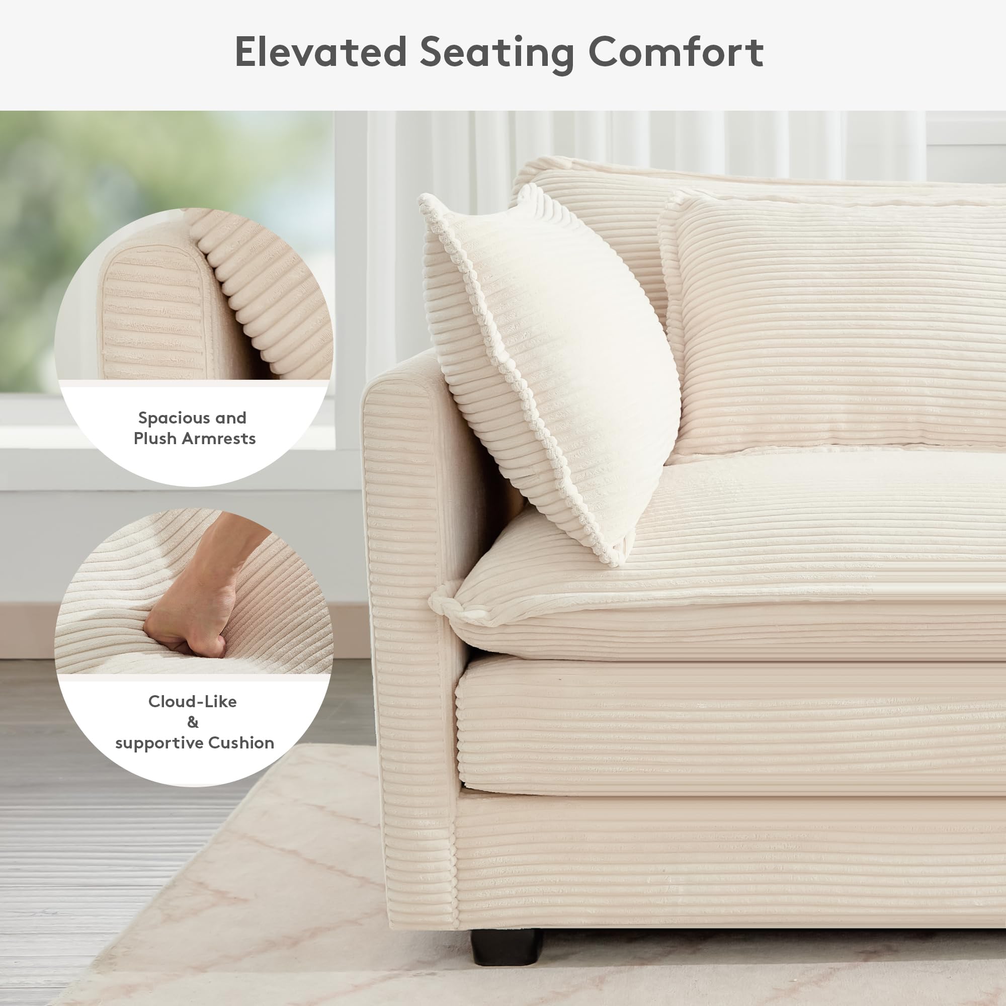 150'' Modular Sectional Cloud Couch, 7 Seater Corner Sofa Big Comfy Corduroy V Shaped Couch with 4 Throw Pillows, Convertible Chaise, Ottoman, Couches for Living Room Office Beige