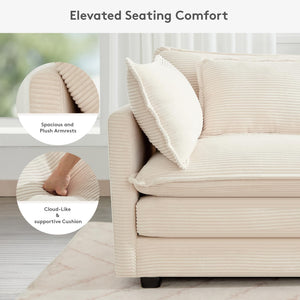 150'' Modular Sectional Cloud Couch, 7 Seater Corner Sofa Big Comfy Corduroy V Shaped Couch with 4 Throw Pillows, Convertible Chaise, Ottoman, Couches for Living Room Office Beige