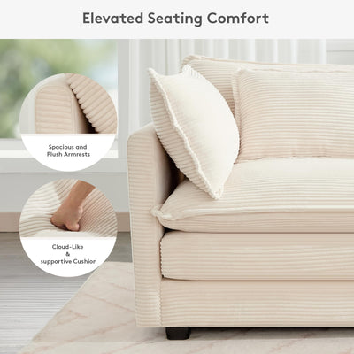 150'' Modular Sectional Cloud Couch, 7 Seater Corner Sofa Big Comfy Corduroy V Shaped Couch with 4 Throw Pillows, Convertible Chaise, Ottoman, Couches for Living Room Office Beige