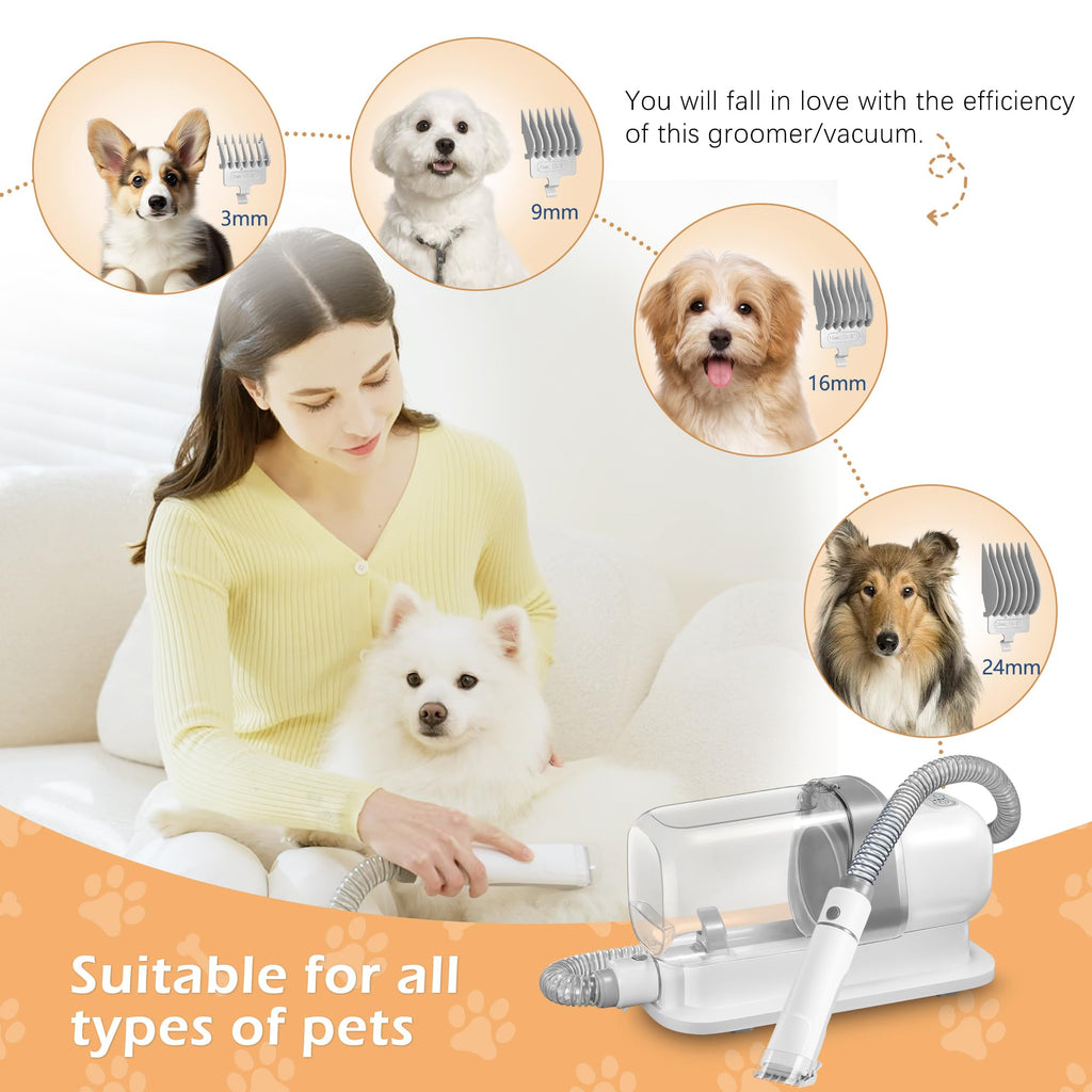 Dog Grooming Vacuum, Pet Grooming Vacuum Kit 2.3L Suction 99% Pet Hair with 5 Tools for Dog Cat for Shedding Grooming, Low Noise (Grey & White)