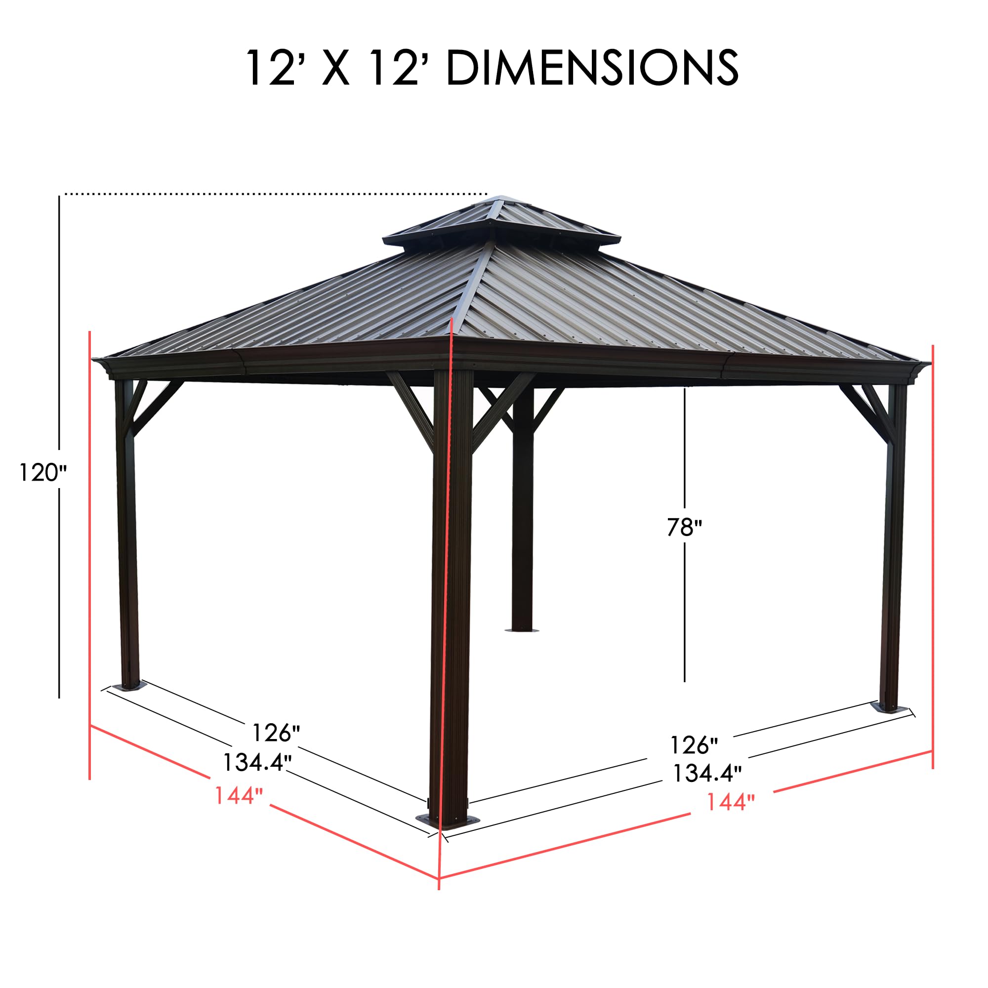 12' x 12' Hardtop Gazebo, Aluminum Frame with Galvanized Steel Double Roof, Outdoor Permanent Pavilion with Curtains and Netting for Patio, Backyard, Deck, Lawn(Brown)