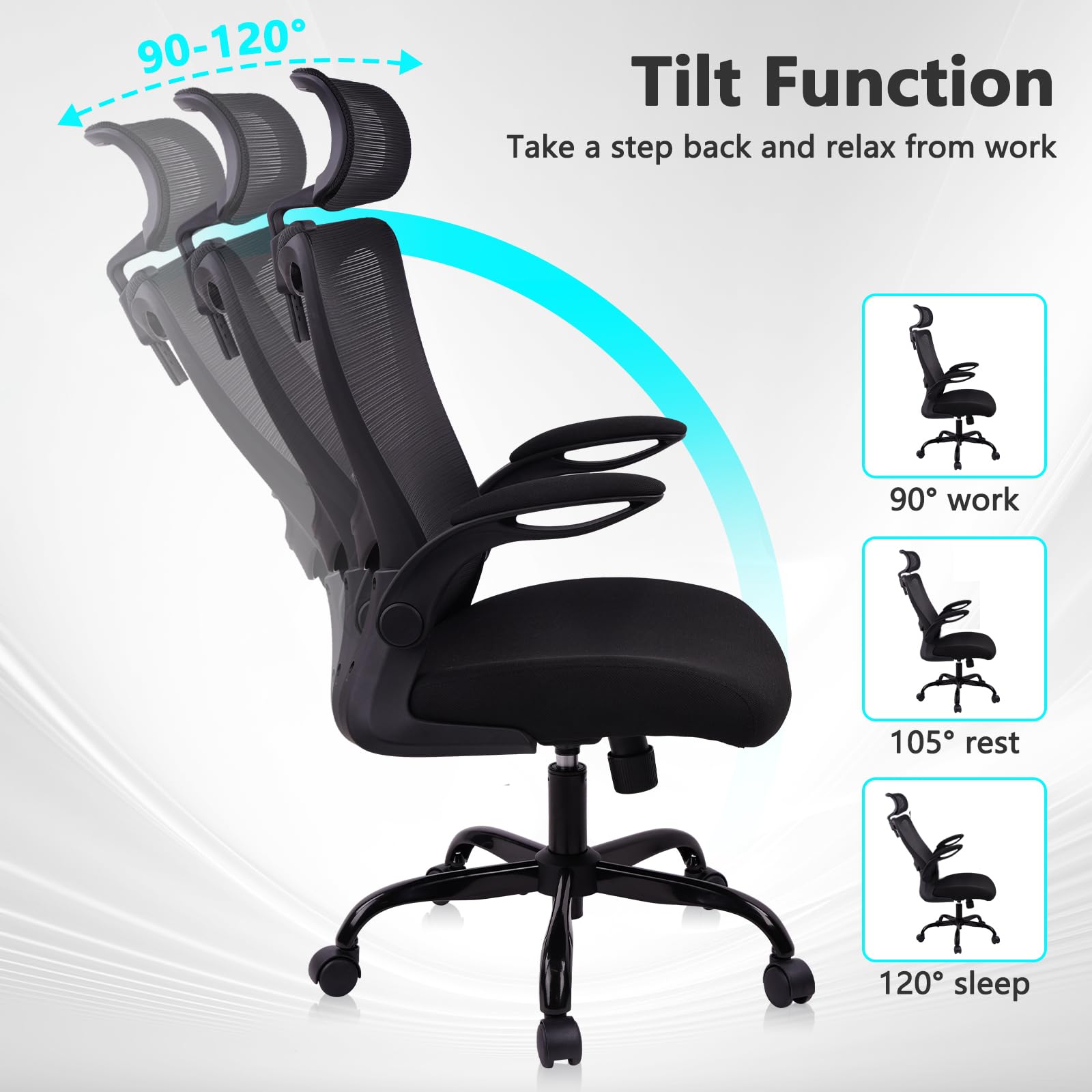 Heavy Duty Ergonomic Mesh Office Chair 400LBS, Big and Tall Desk Chair with Adjustable Lumbar Support & Headrest, Flip Up Padded Arms, Swivel Computer Chair for Home, Conference, Black, 6 PACK
