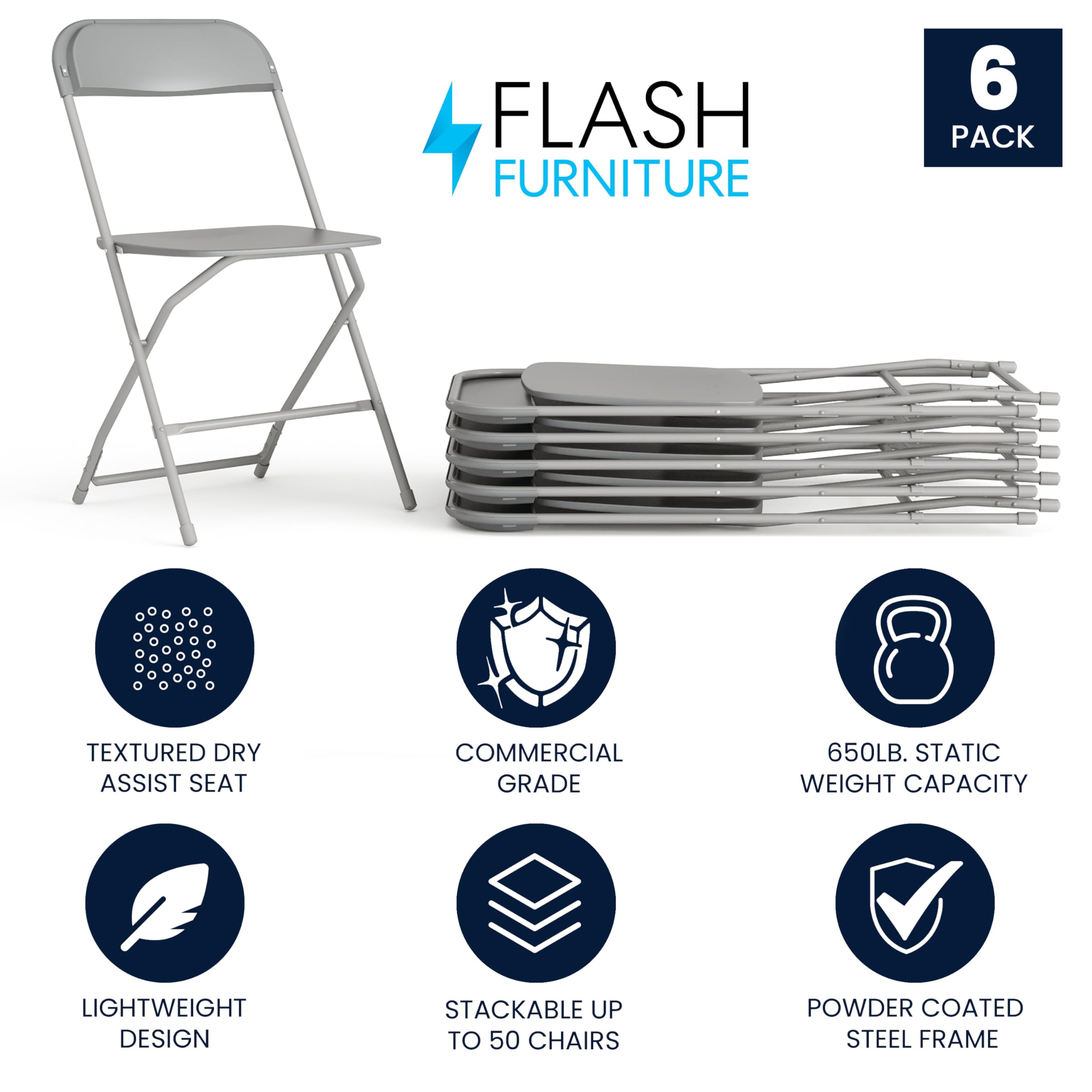 6 Pack, Hercules Series Plastic Folding Chair - Grey -  650LB Weight Capacity Comfortable Event Chair-Lightweight Folding Chair