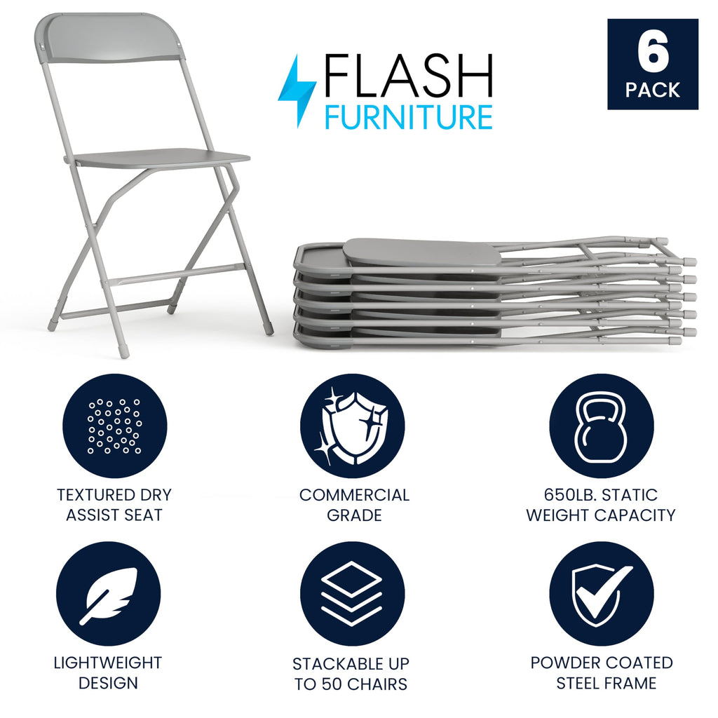 6 Pack, Hercules Series Plastic Folding Chair - Grey -  650LB Weight Capacity Comfortable Event Chair-Lightweight Folding Chair