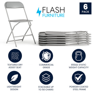 6 Pack, Hercules Series Plastic Folding Chair - Grey -  650LB Weight Capacity Comfortable Event Chair-Lightweight Folding Chair
