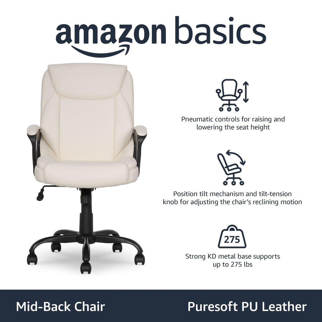 Classic Puresoft PU Padded Mid-Back Office Chair with Armrest, Height Adjustable, Easy to Assemble, 26"D x 23.75"W x 42"H, Cream