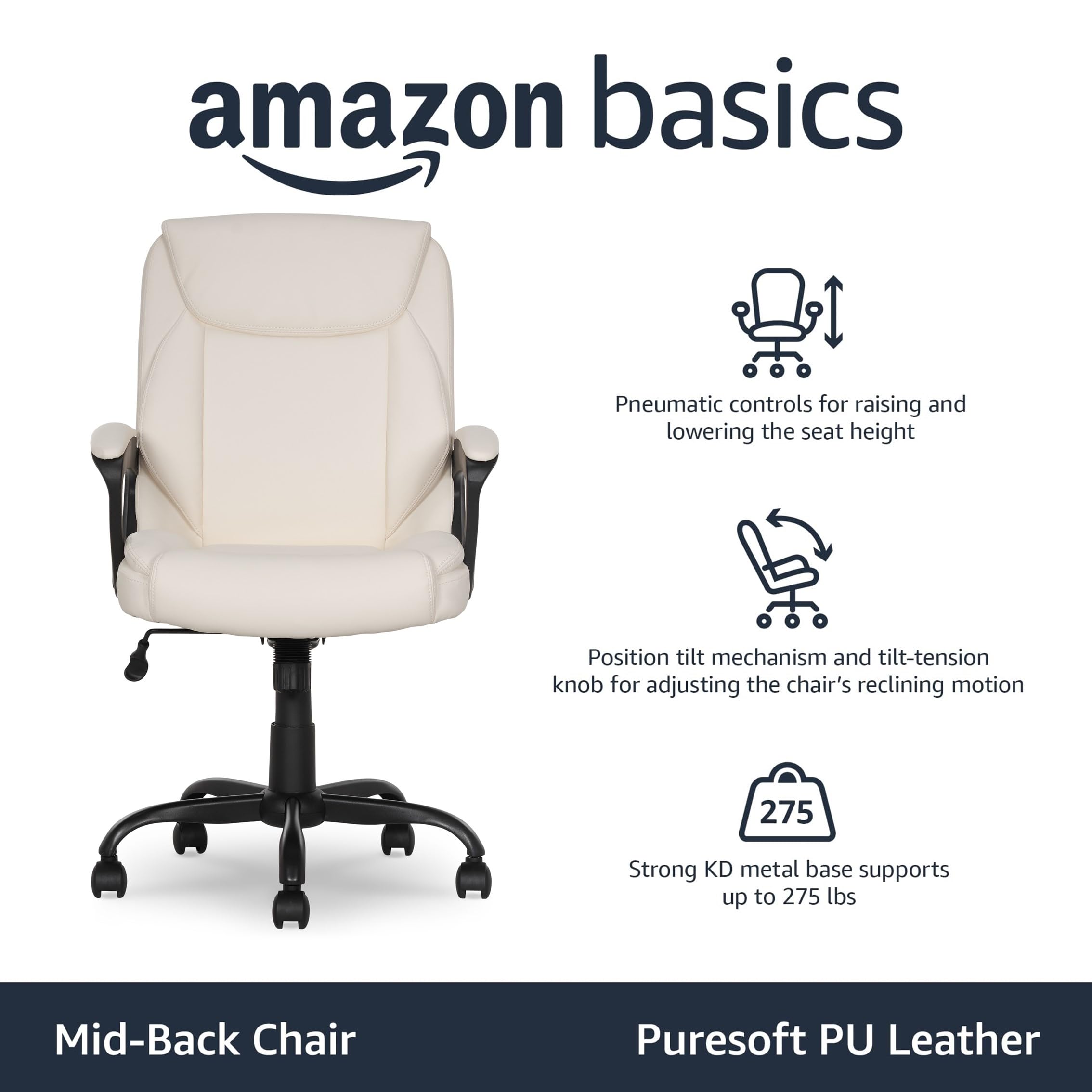 Classic Puresoft PU Padded Mid-Back Office Chair with Armrest, Height Adjustable, Easy to Assemble, 26"D x 23.75"W x 42"H, Cream