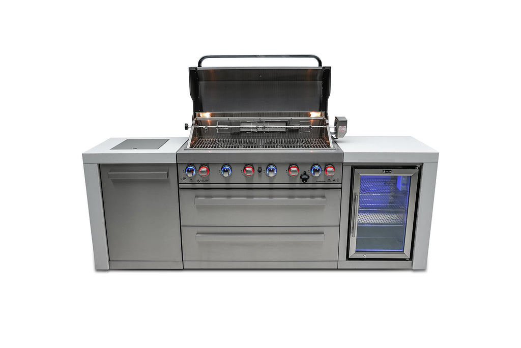 805 MAi805-DFC 115000 BTU Stainless Steel Deluxe Modular Outdoor Kitchen Island BBQ Grill with Fridge Cabinet + Infrared Rear & Side Burner + Granite Countertops + Rotisserie Kit & Cover