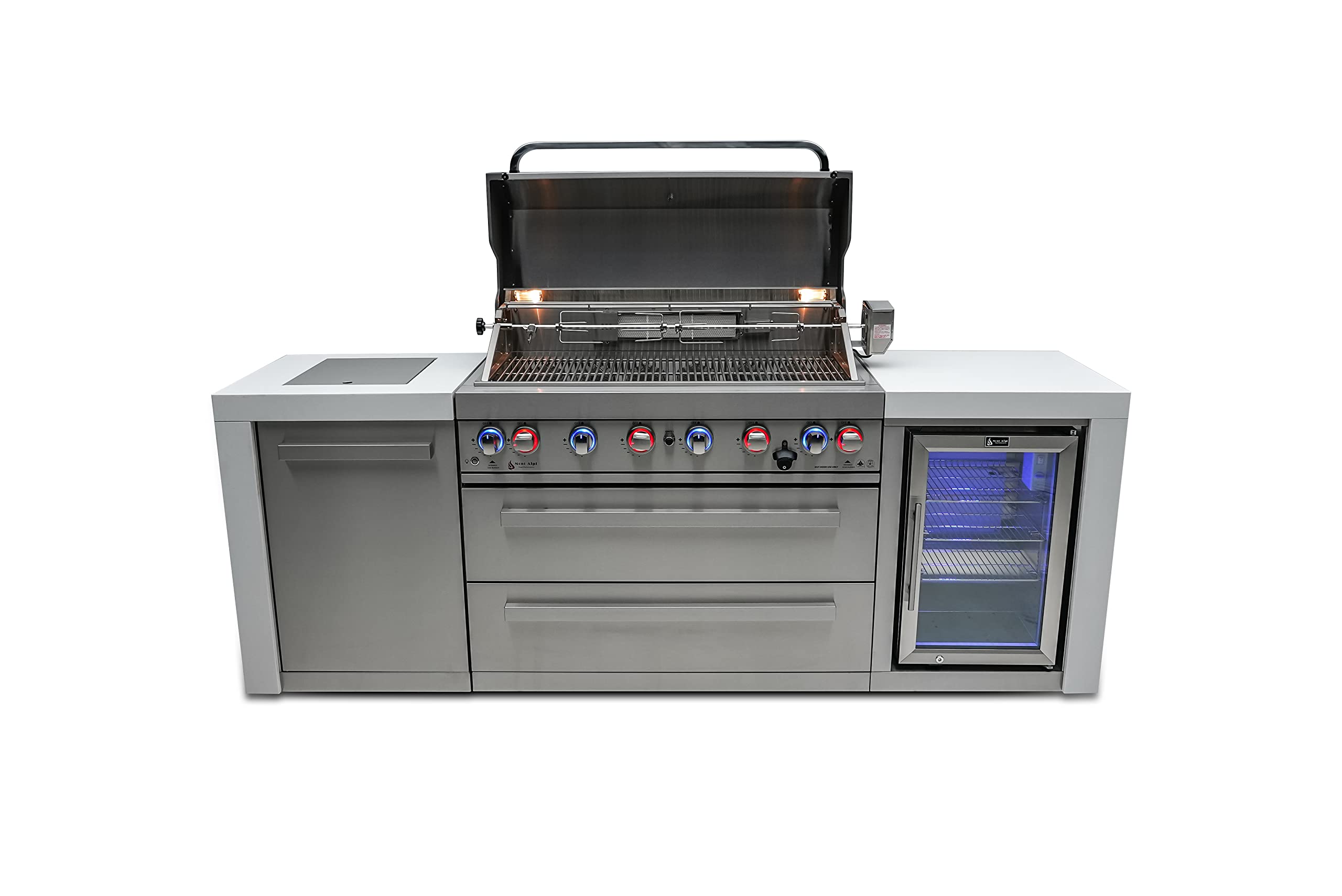 805 MAi805-DFC 115000 BTU Stainless Steel Deluxe Modular Outdoor Kitchen Island BBQ Grill with Fridge Cabinet + Infrared Rear & Side Burner + Granite Countertops + Rotisserie Kit & Cover