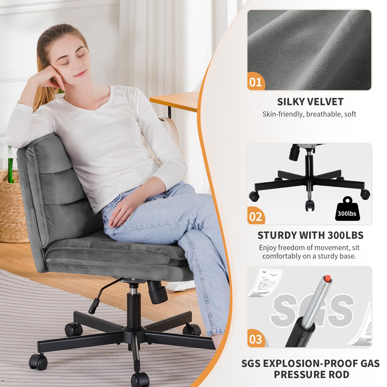 Cross Legged Office Chair with Wheels Armless-Office Desk Chair, Modern Vanity Computer Task Chairs for Home Bedroom, Comfortable Wide Seat for Lower Back Pain Relief, Soft Velvet, Gray
