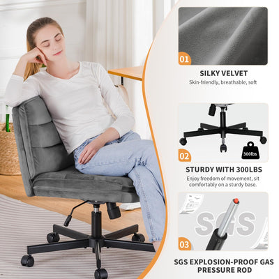 Cross Legged Office Chair with Wheels Armless-Office Desk Chair, Modern Vanity Computer Task Chairs for Home Bedroom, Comfortable Wide Seat for Lower Back Pain Relief, Soft Velvet, Gray