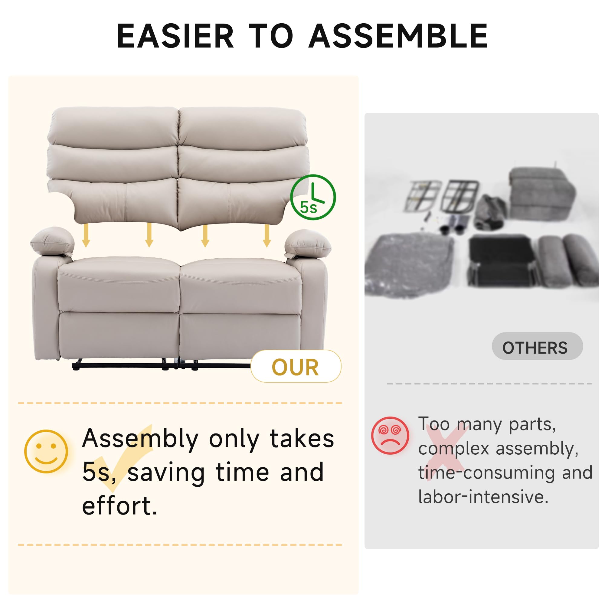 Reclining Loveseat, Leather Double Recliner Sofa with Side Pocket, Wall Hugger Loveseat Recliner for Living Room, RV, Home Theater(Beige)