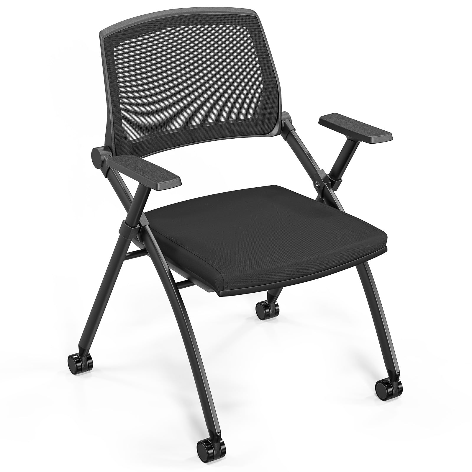 1 Pack Stackable Conference Room Chairs with Wheels, Folding Office Chair with Rebound Back, Padded Seat for Training Room, Guest, Reception, Event, Capacity 350lbs, Black