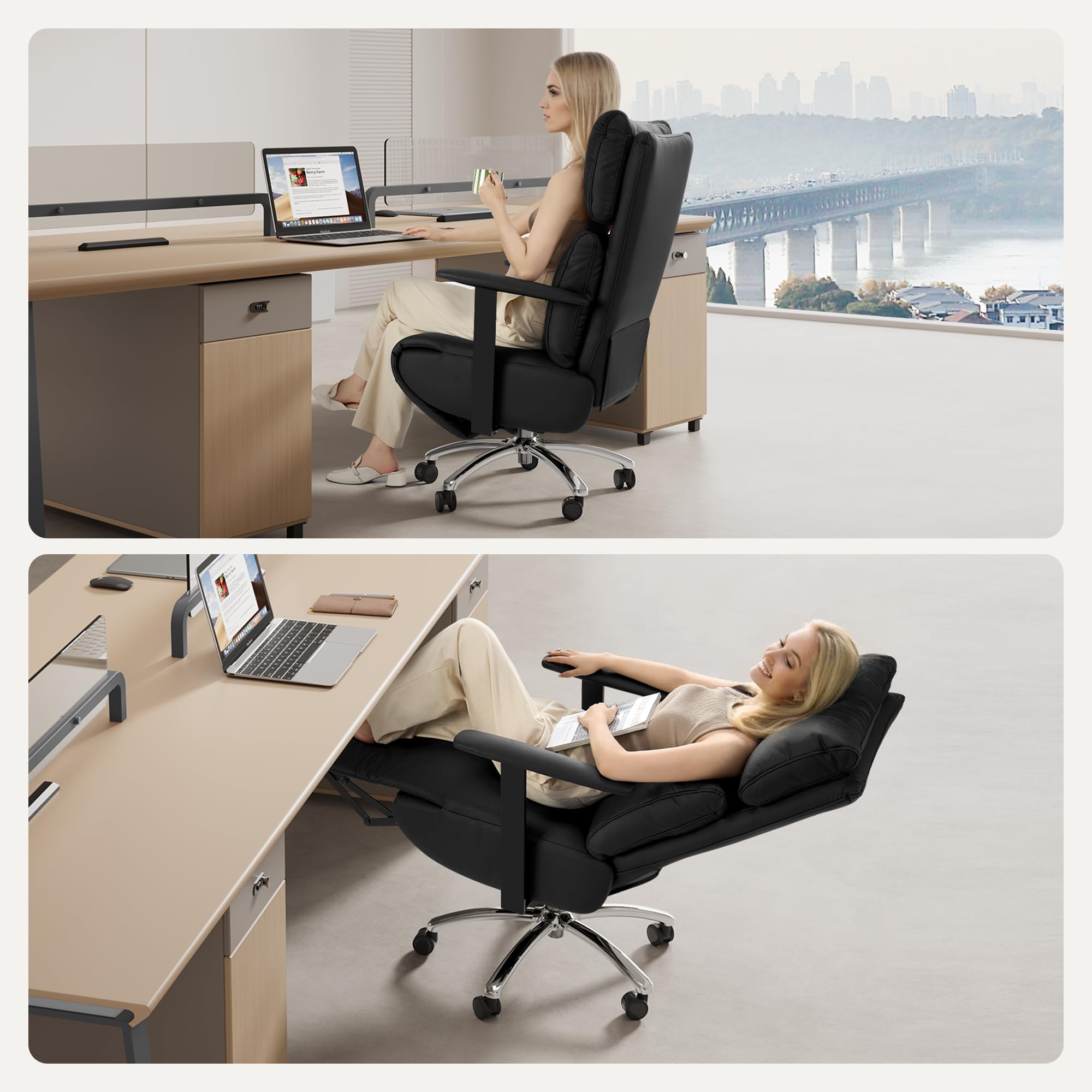 Reclining Office Chair | 170° Ergonomic Leather Chair with Adjustable Headrest, Footrest & 420lb Capacity