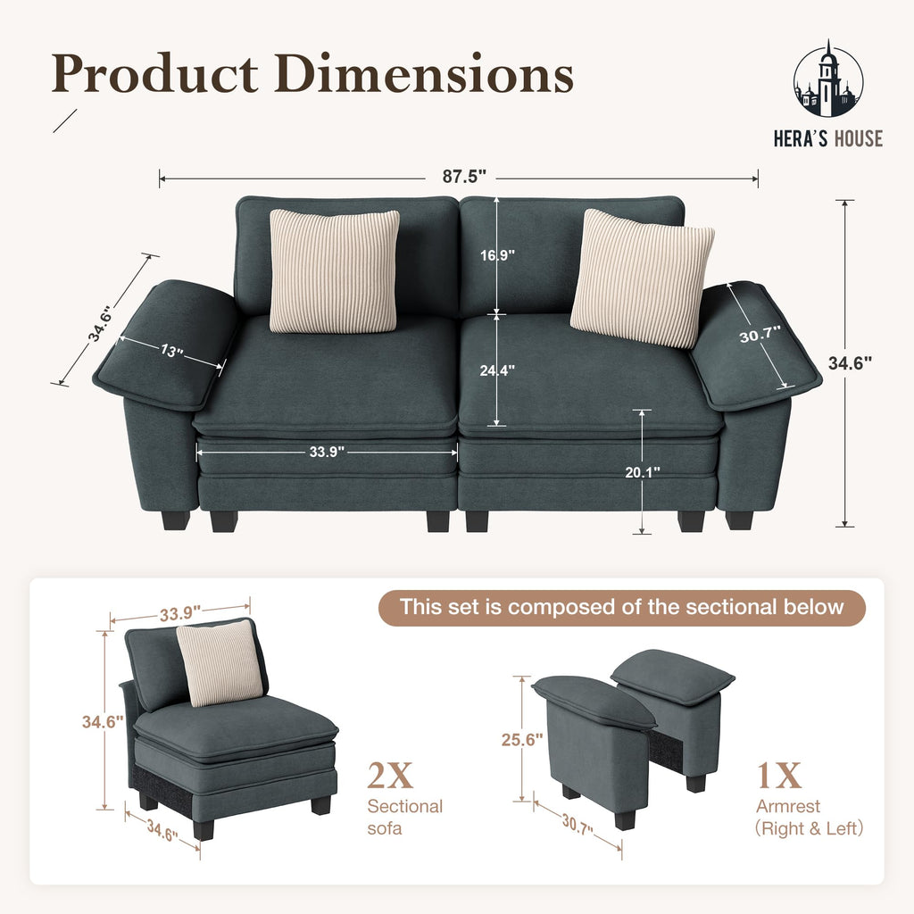 88" Modular Sectional Sofa, Loveseat Couches for Living Room, Comfy Cloud Couch 2-Seater Deep Seat Sofa with Throw Pillow, Chenille Blue