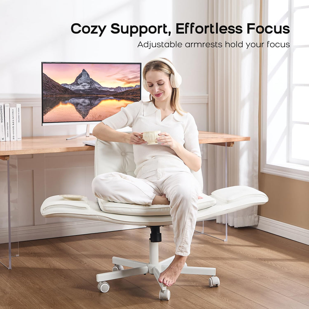 Criss Cross Office Chair, PU Leather Vanity Chair with 5-Level Adjustable Armrests & Swivel, Ergonomic Criss Cross Chair for Home Office Bedroom Makeup（White）