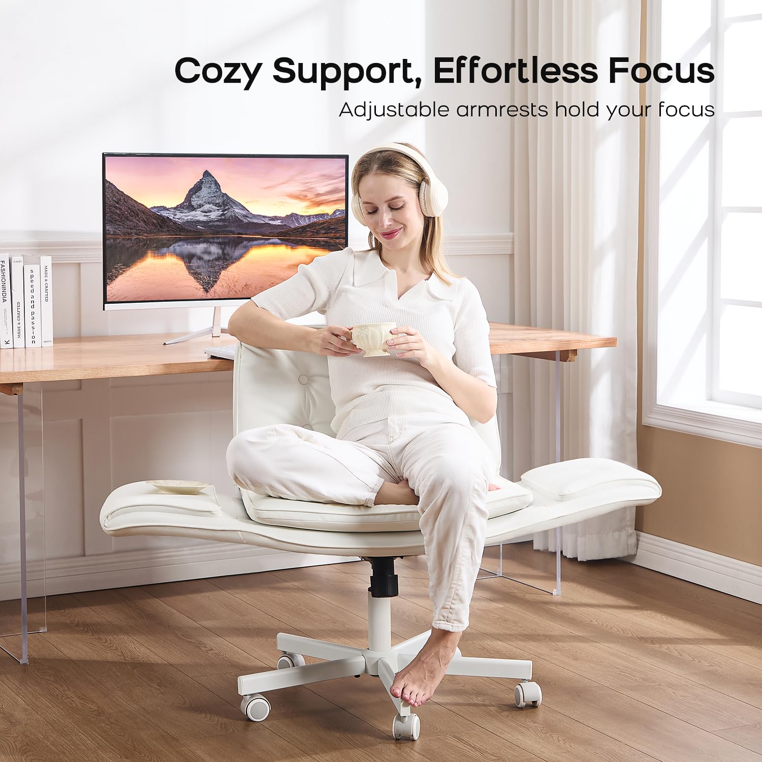 Criss Cross Office Chair, PU Leather Vanity Chair with 5-Level Adjustable Armrests & Swivel, Ergonomic Criss Cross Chair for Home Office Bedroom Makeup（White）