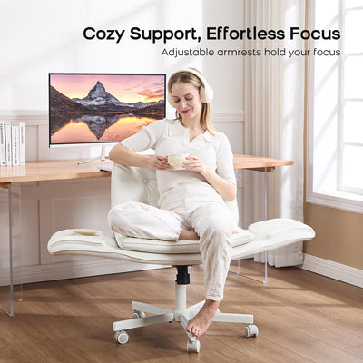 Criss Cross Office Chair, PU Leather Vanity Chair with 5-Level Adjustable Armrests & Swivel, Ergonomic Criss Cross Chair for Home Office Bedroom Makeup（White）