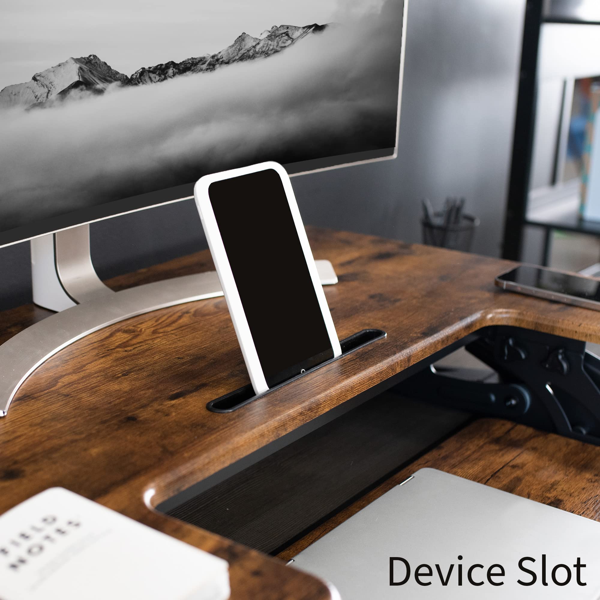 36 inch Height Adjustable Stand Up Desk Converter, V Series, Quick Sit to Stand Tabletop Dual Monitor Riser Workstation, Rustic Vintage Brown Top, Black Frame, DESK-V000VN
