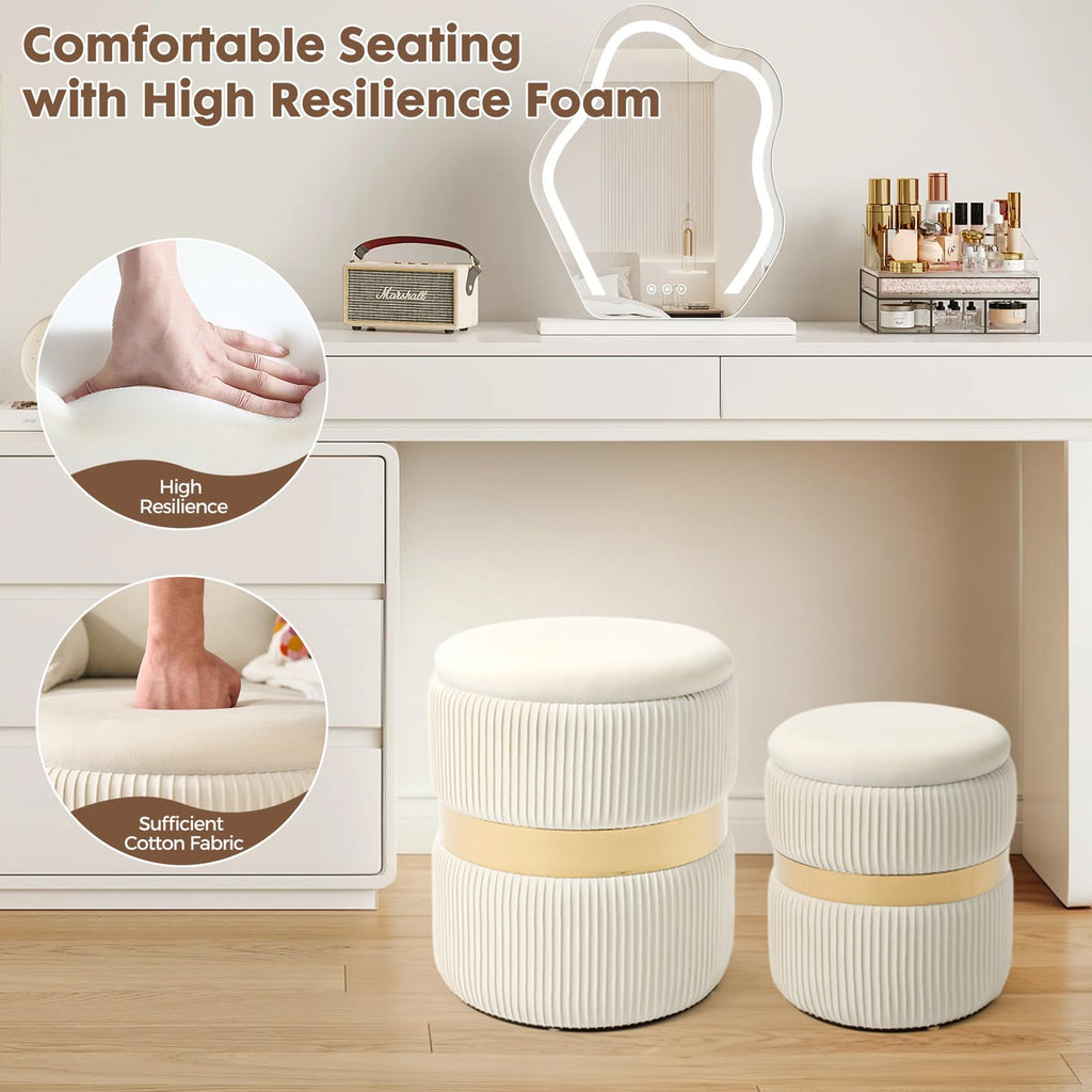 Velvet Round Ottoman with Storage Set of 2 for Livingroom Small Foot Stool Ottoman for Living Room Small Coffee Table Vanity Stool with Storage for Bedroom White