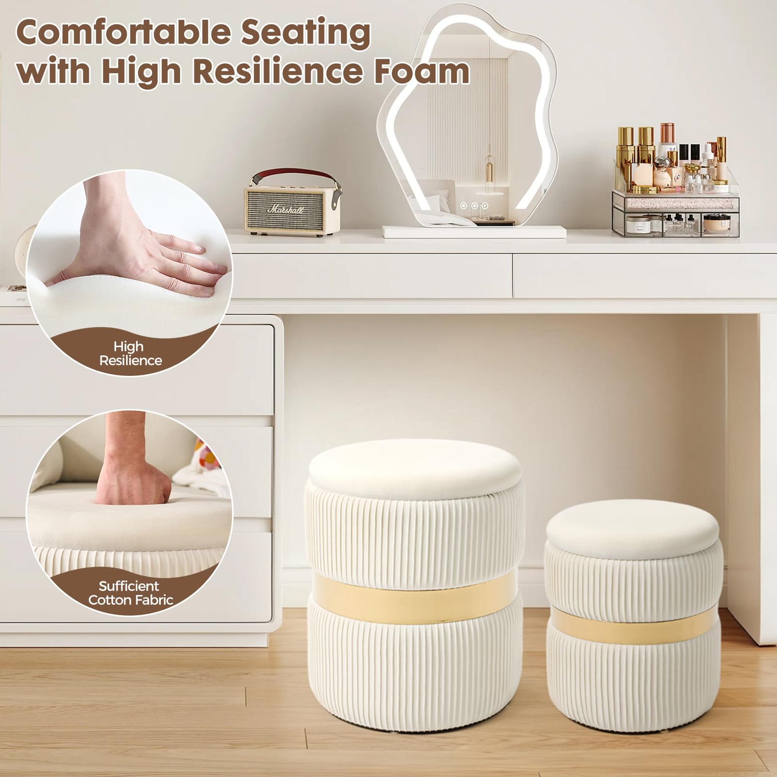Velvet Round Ottoman with Storage Set of 2 for Livingroom Small Foot Stool Ottoman for Living Room Small Coffee Table Vanity Stool with Storage for Bedroom White
