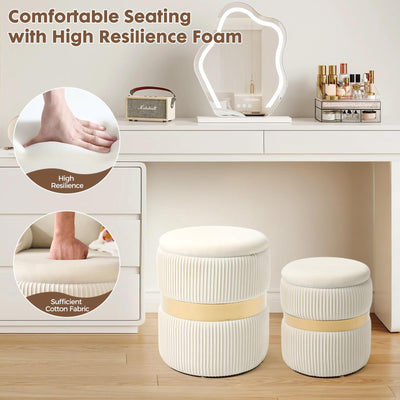Velvet Round Ottoman with Storage Set of 2 for Livingroom Small Foot Stool Ottoman for Living Room Small Coffee Table Vanity Stool with Storage for Bedroom White