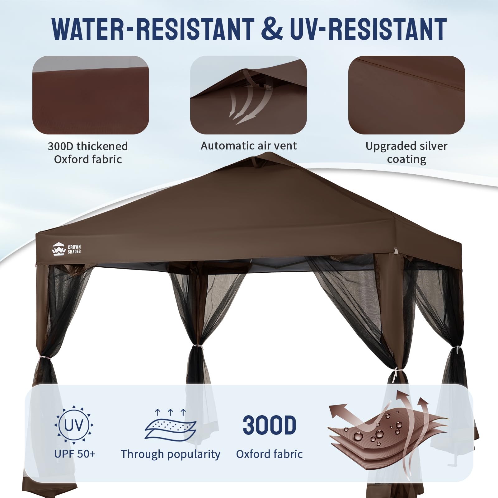 Gazebo 10x10, Pop Up Gazebo with Mosquito Netting, Screen Tent with 4 Ropes, 8 Stakes, 4 Sandbags and Wheeled Storage Bag, Canopy for Patio & Backyard, Coffee