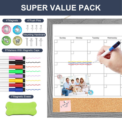 Calendar Whiteboard for Wall, 17x13 Inches Dry Erase Calendar Cork Board Combo, Magnetic Monthly White Board with Wood Framed, Hanging Dry Erase Board for Home Kitchen Office Planner Memo