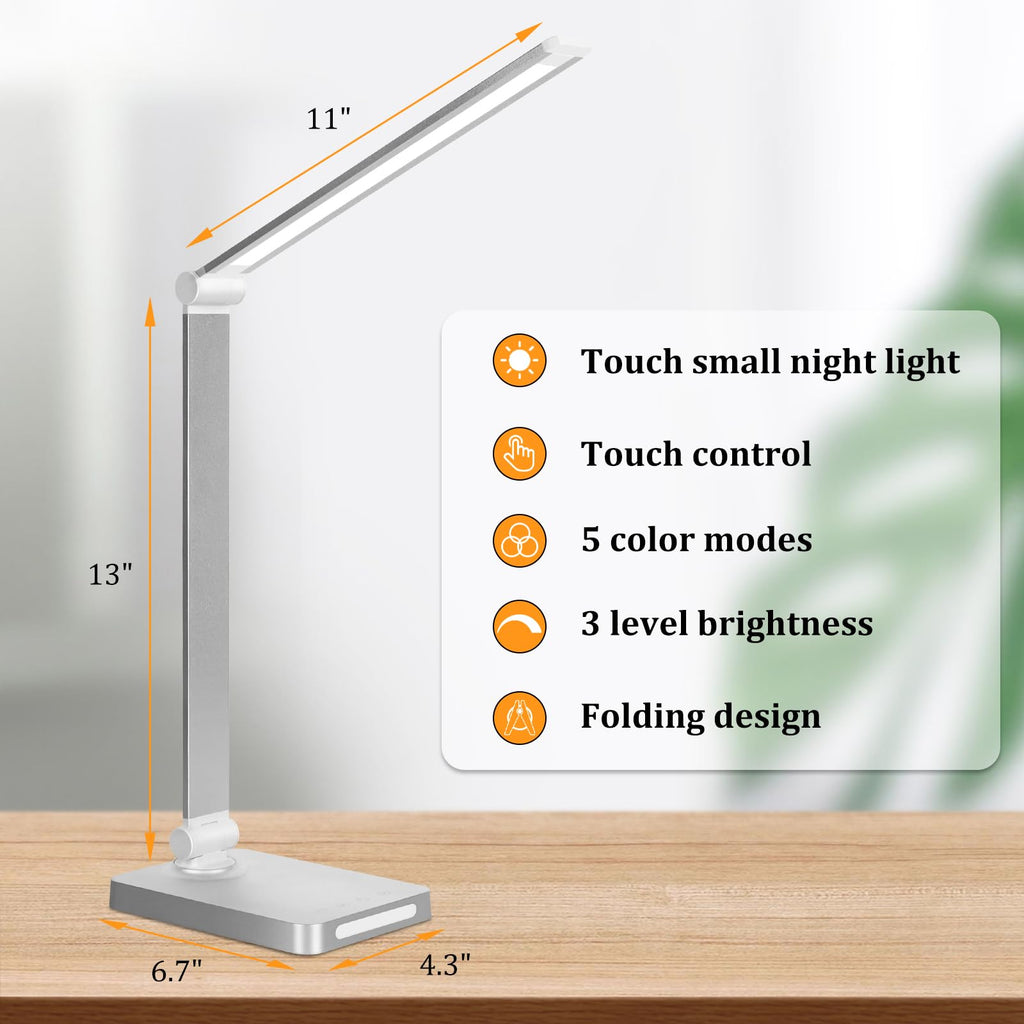 LED Desk Lamp with USB Ports,Touch Desk Lamps for Home Office with 5 Color Modes,3 Brightness Desk Light with Small Night Light,Reading Lamp Table LED Lamp for Bedroom Bedsid Study Sliver