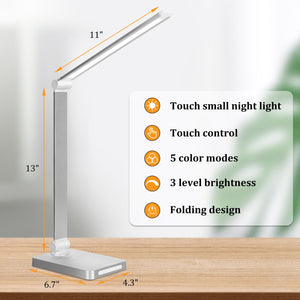 LED Desk Lamp with USB Ports,Touch Desk Lamps for Home Office with 5 Color Modes,3 Brightness Desk Light with Small Night Light,Reading Lamp Table LED Lamp for Bedroom Bedsid Study Sliver