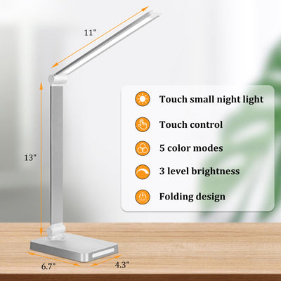 LED Desk Lamp with USB Ports,Touch Desk Lamps for Home Office with 5 Color Modes,3 Brightness Desk Light with Small Night Light,Reading Lamp Table LED Lamp for Bedroom Bedsid Study Sliver