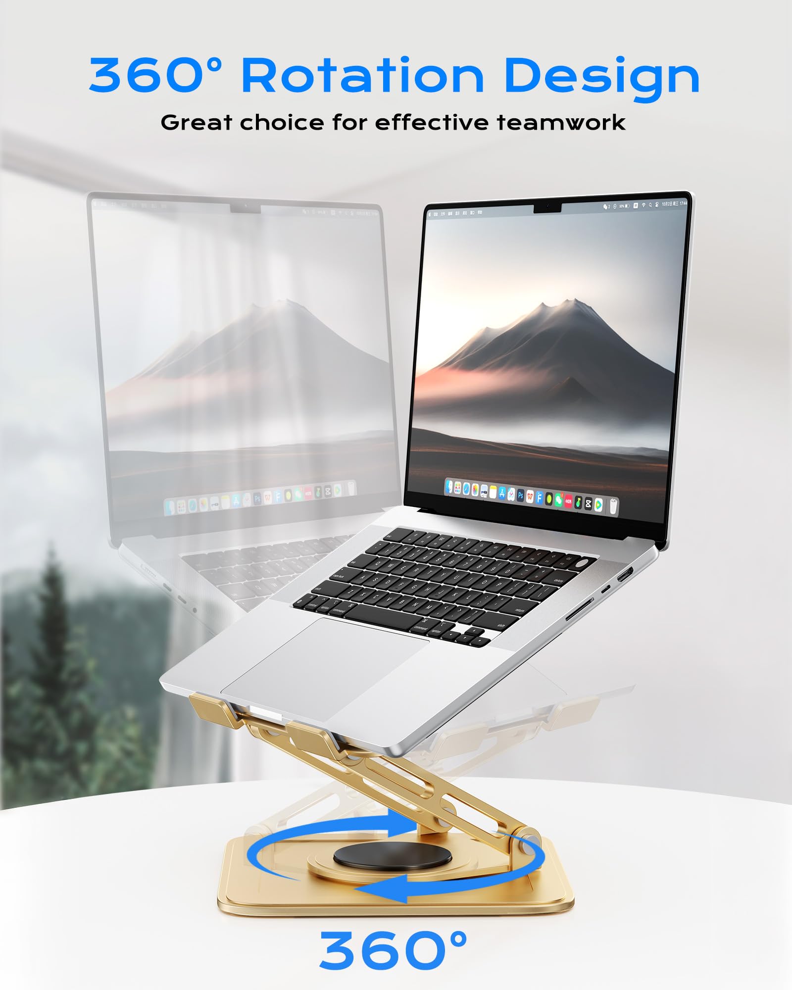 Adjustable Laptop Stand, Computer Stand with 360 Rotating Base, Ergonomic Laptop Riser Mount for Desk Foldable Protable Computer Desk Fits with MacBook Pro Air (10-16") - Gold