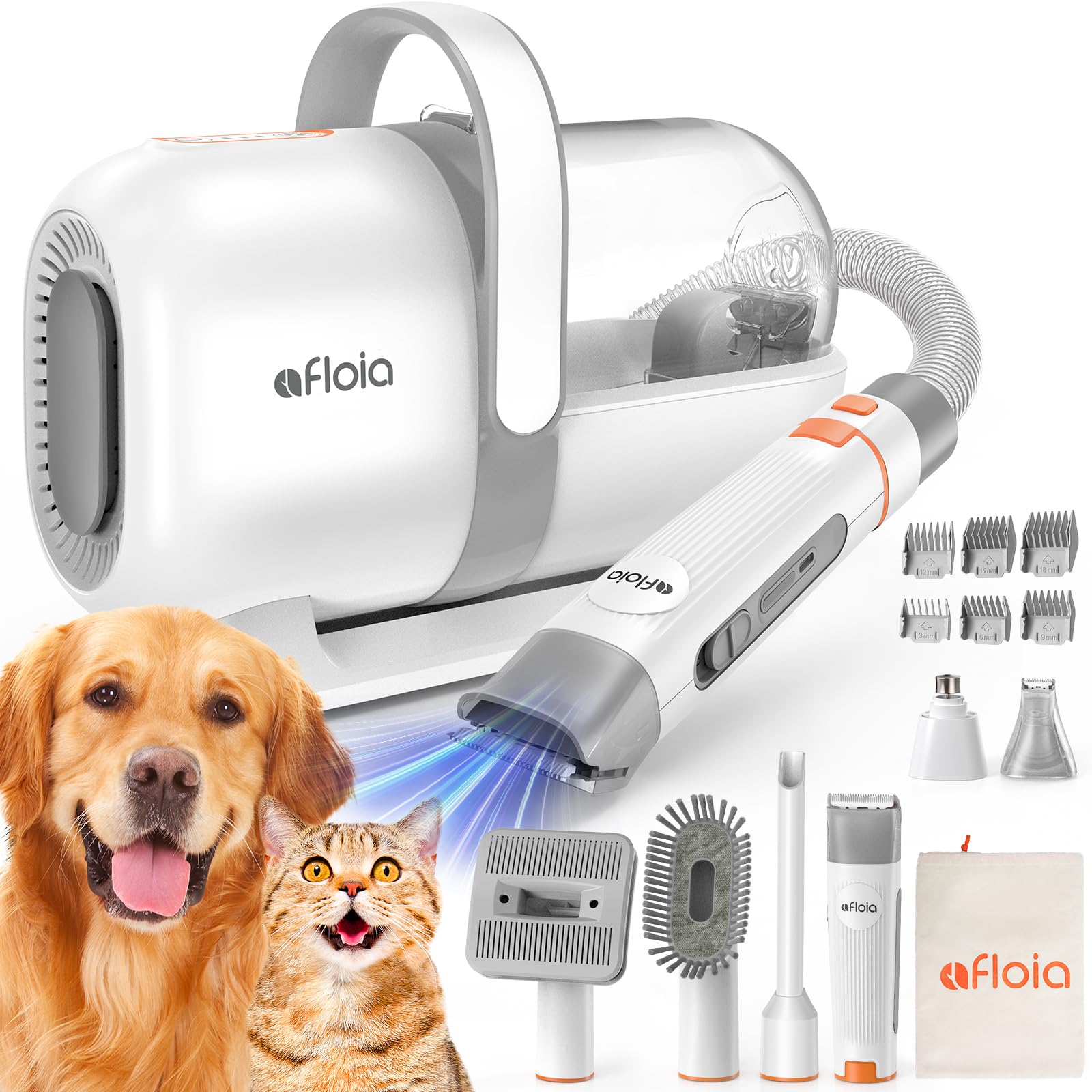 6-in-1 Dog Grooming Kit, Pet Grooming Vacuum for Shedding, Dog Hair Vacuum with Clipper Nail Trimmer Grinder, Pet Brush Groomer at Home, Low Noise Cats Hair Remover, 1.5L Dust Cup, White