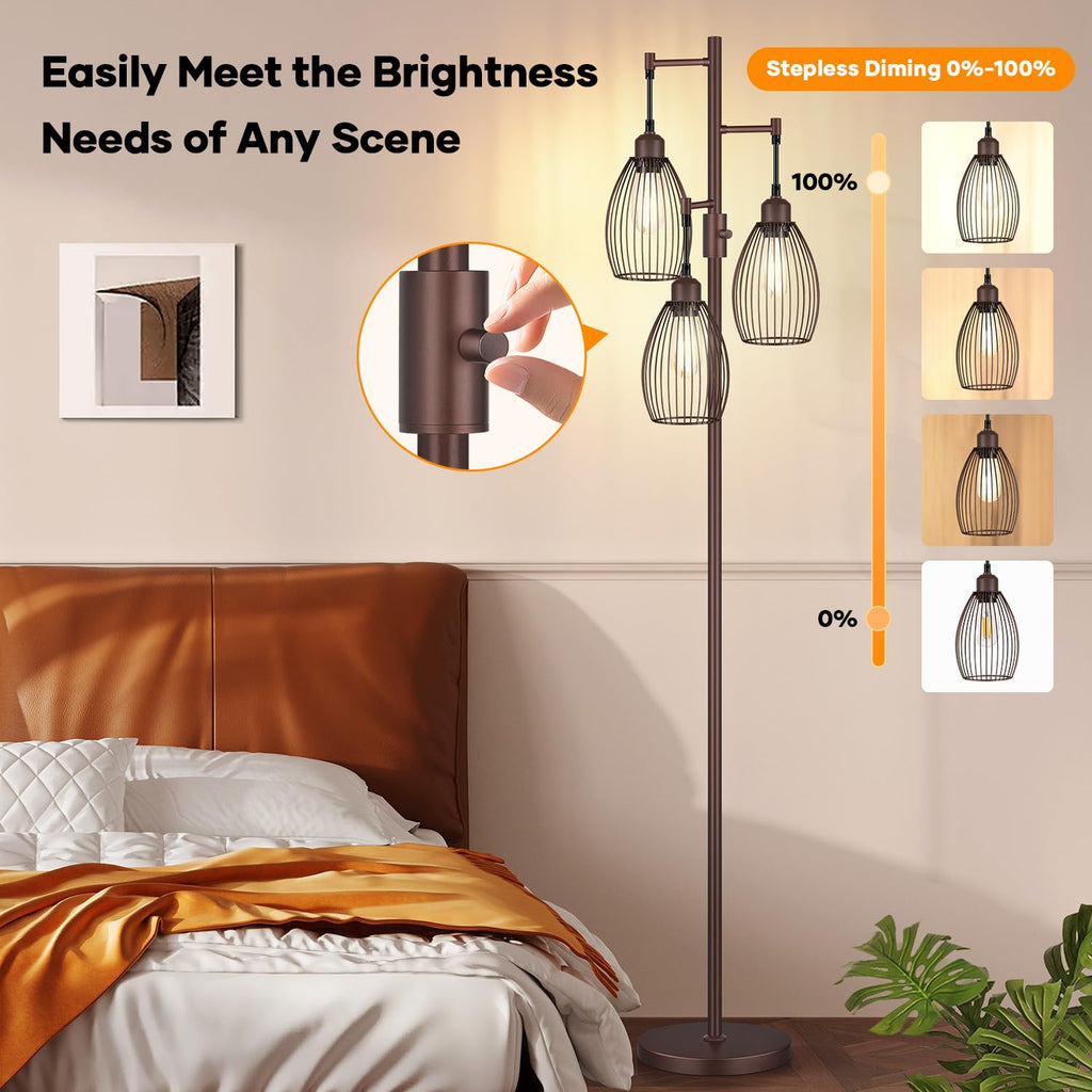 Dimmable Floor Lamp,3x800LM LED Bulbs Included, Farmhouse Industrial Floor Lamp Standing Tree Lamp with Teardrop Cage Head Tall Lamp for Living Room Bedroom Office Dining Room - Matte Brown