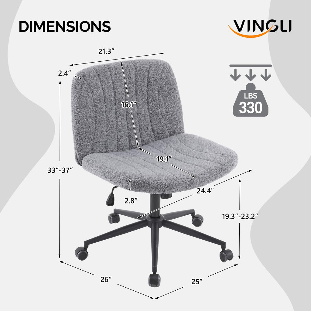 Criss Cross Legged Chair,Wide Comfy Office Desk Chair,Dual-Use with/no Wheels Computer Task Chair,Swivel Armless Vanity Boucle Chair for Study,Make Up,Home Office,Teddy Fleece,Dark Grey