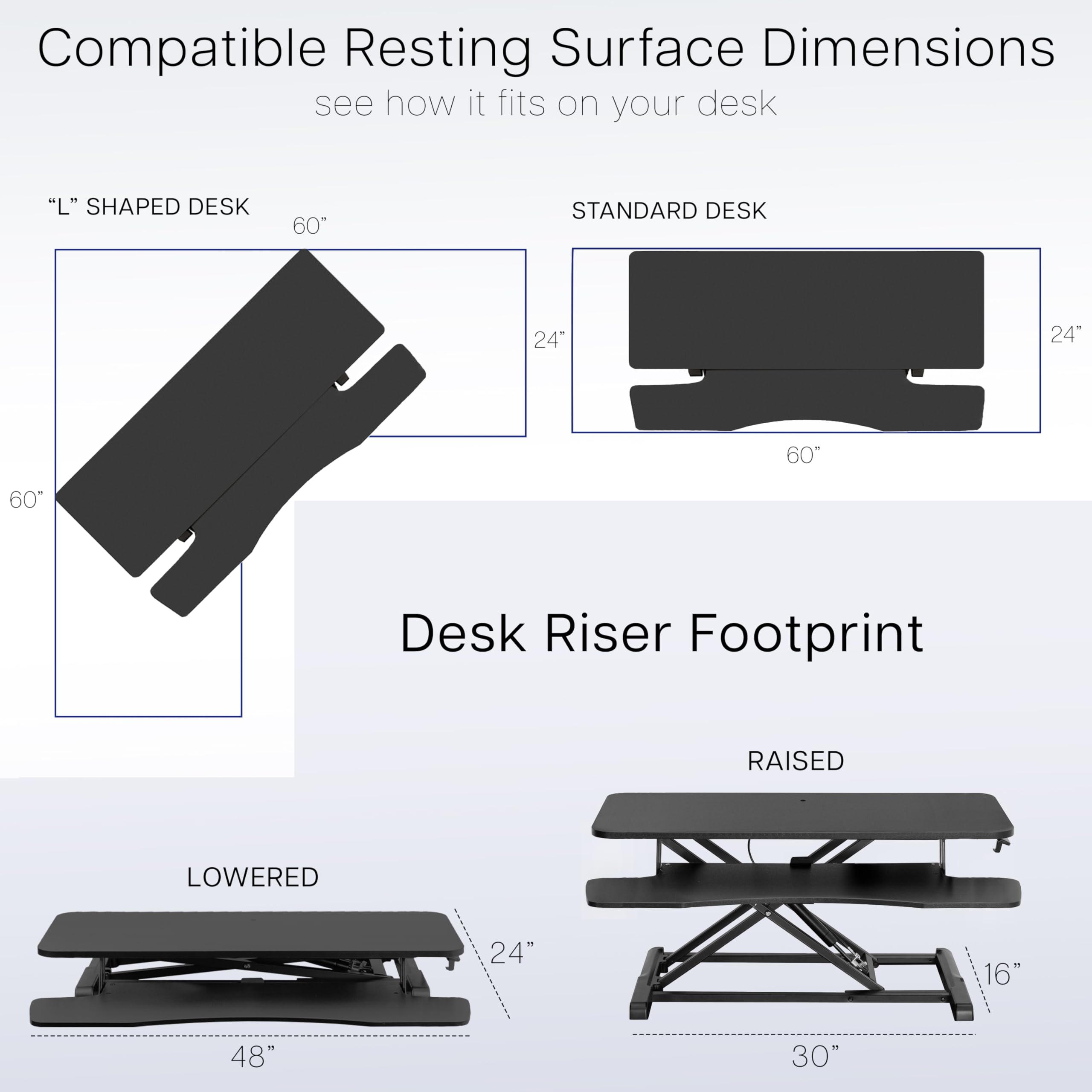 48 inch Desk Converter, K Series, Height Adjustable Sit to Stand Riser, Dual Monitor and Laptop Workstation with Wide Keyboard Tray, Reclaimed Wood Top, Black Frame, DESK-V048KP