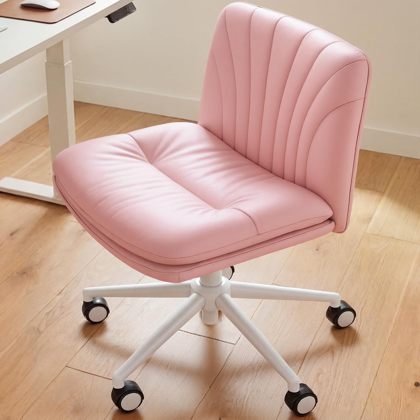 Armless-Office Desk Chair with Wheels: PU Leather Cross Legged Wide Chair,Comfortable Adjustable Swivel Computer Task Chairs for Home,Office,Make Up,Small Space,Bed Room, Pink