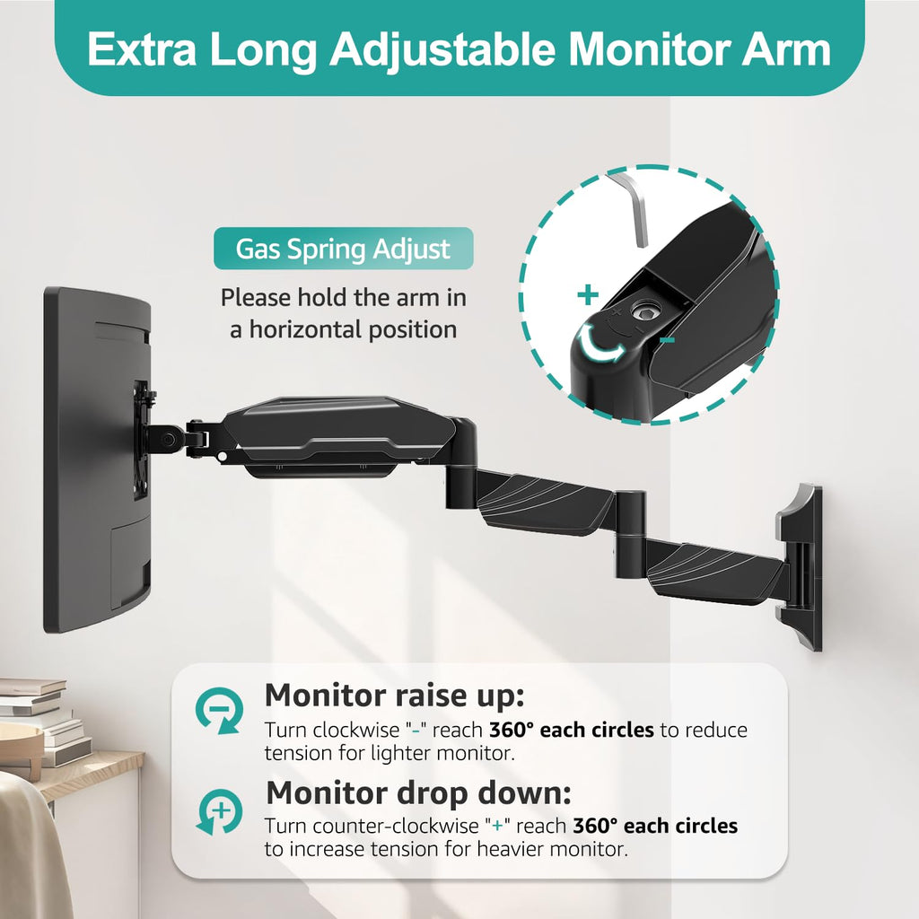 Monitor Wall Mount for 13 to 32 inch Computer Screen, Extra Long Adjustable Single Wall Mount Monitor Arm, Full Motion Vesa Wall Bracket 100x100, Hold up to 17.6lbs, Black