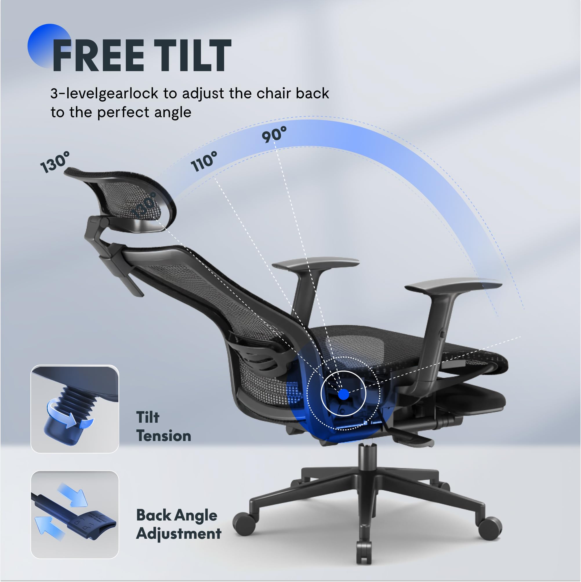 Ergonomic Office Chair with Footrest, Mesh Back Computer Chair, Home Office Desk Chairs, with Adjustable Lumbar Support/2D Headrest/Reliable Base, Black