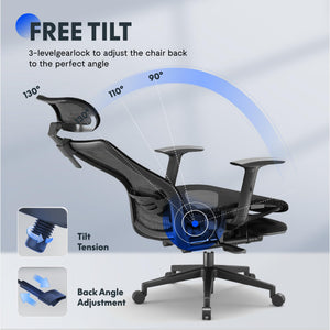 Ergonomic Office Chair with Footrest, Mesh Back Computer Chair, Home Office Desk Chairs, with Adjustable Lumbar Support/2D Headrest/Reliable Base, Black