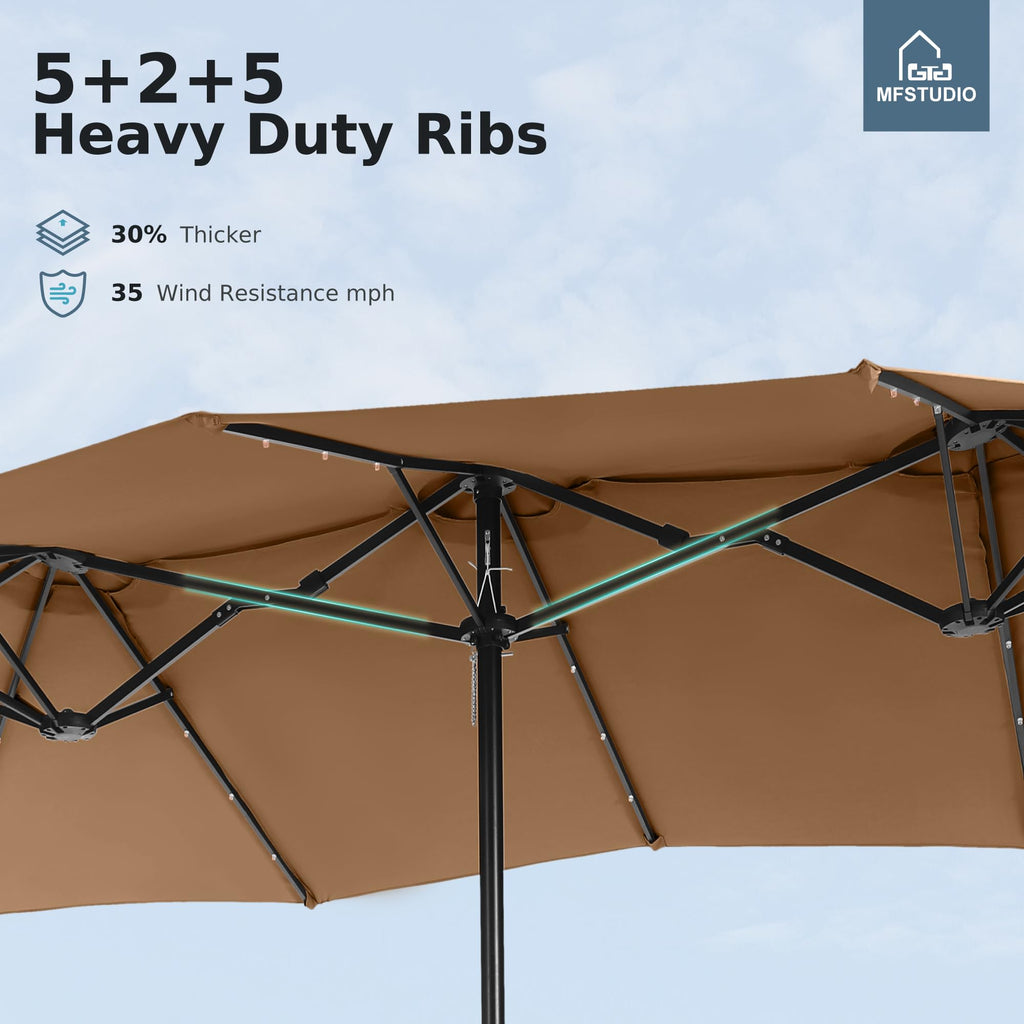 15ft Double Sided Patio Umbrella with Solar Lights, Outdoor Large Umbrellas with Crank Handle and 36 LED Lights, Rectangular Market Umbrella with Base Included for Deck Pool Shade, Tawny