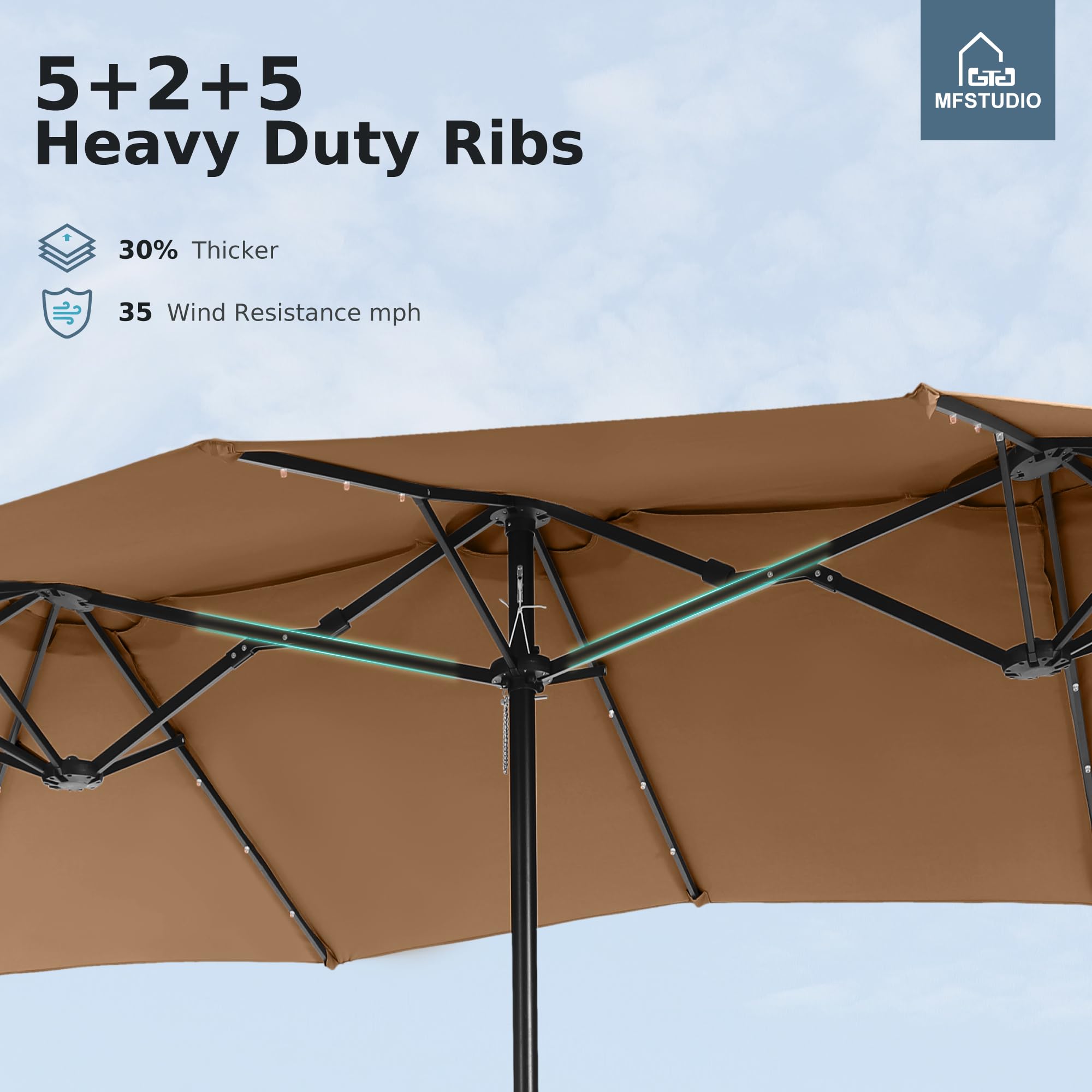 15ft Double Sided Patio Umbrella with Solar Lights, Outdoor Large Umbrellas with Crank Handle and 36 LED Lights, Rectangular Market Umbrella with Base Included for Deck Pool Shade, Tawny