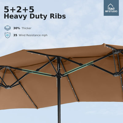 15ft Double Sided Patio Umbrella with Solar Lights, Outdoor Large Umbrellas with Crank Handle and 36 LED Lights, Rectangular Market Umbrella with Base Included for Deck Pool Shade, Tawny