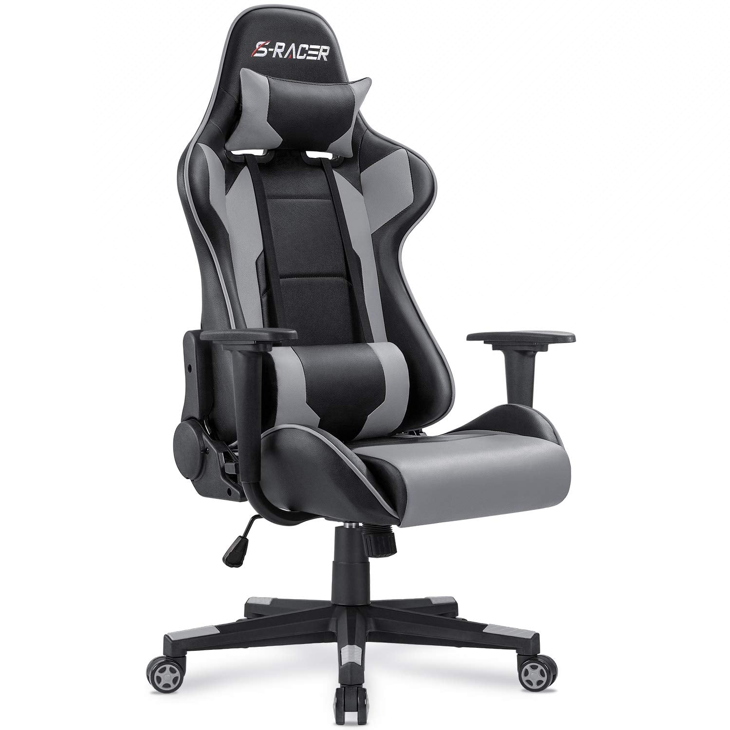 Gaming Chair, Office Chair High Back Computer Chair Leather Desk Chair Racing Executive Ergonomic Adjustable Swivel Task Chair with Headrest and Lumbar Support (Grey)